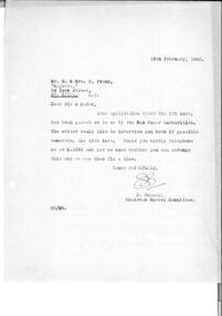 Letter, re. Captain Frank and Mrs Frank