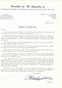 Letter - Document, letter, Biography of Sir Stanley Savige, c.1959