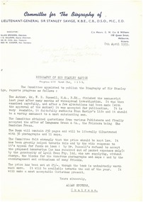 Letter - Document, letter, Biography of Sir Stanley Savige, 08/04/1959