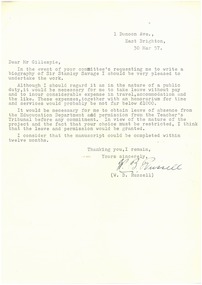 Letter - Document, letter, Biography of Lieutenant-General Sir Stanley Savige, 30/03/1957