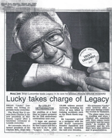 Newspaper - Document, article, Lucky takes charge of Legacy, 1997