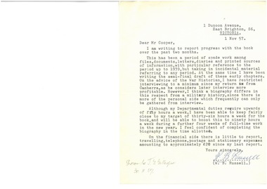 Letter, Biography of Lieutenant-General Sir Stanley Savige, 1957