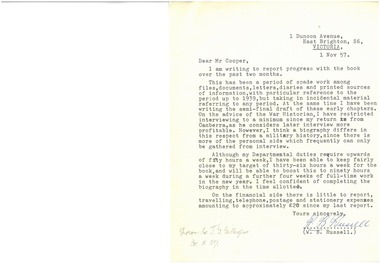 Letter, Biography of Lieutenant-General Sir Stanley Savige, 1957