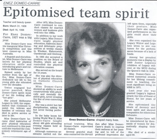 Newspaper - Article, Enez Domec-Carre / Epitomised Team Spirit, 1998