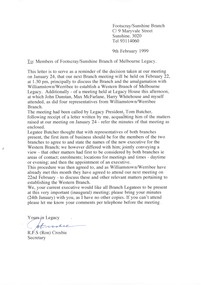 Letter, Creation of Western Branch of Melbourne Legacy, 1999