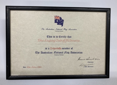Certificate - Document, certificate, The Australian National Flag Association, 1984