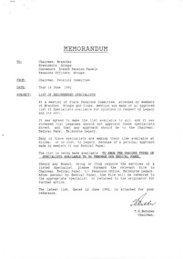 Document - Document, memorandum, List of Recommended Specialists, 1992