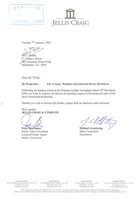 Letter - Document, letter, Sale of properties, 22 Selwood St, Hawthorn East, 9 The Avenue, Windsor, 2003