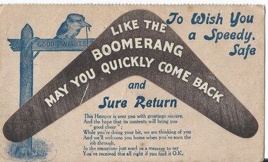 Postcard, Like the boomerang may you quickly come back, c1917