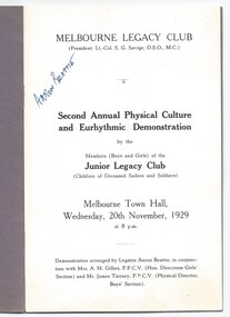Programme, Second Annual Physical Culture and Eurhythmic Demonstration 1929, 1929