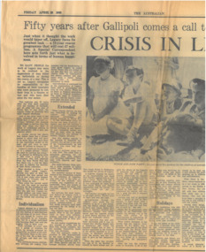 Newspaper - Document, article, Fifty years after Gallipoli comes a call to might effort: Crisis in Legacy, April 1965