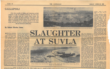 Newspaper - Document, article, Slaughter at Suvla, Gallipoli. 18,000 fall in three days, April 1965