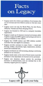 Pamphlet, Facts on Legacy, c.1990