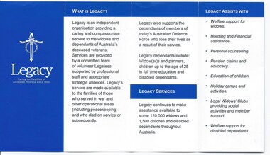 Pamphlet - Document, brochure, Legacy : Caring for Families of Deceased Veterans since 1923