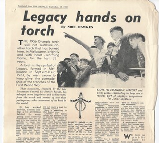 Newspaper - Article, Legacy hands on the torch, 1956