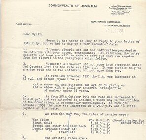 Letter, Pensions and domestic allowance, 1956