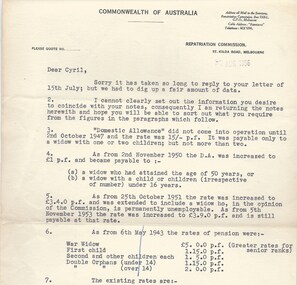 Letter, Pensions and domestic allowance, 1956