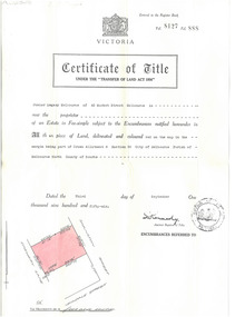 Certificate - Title Deed, Certificate of Title under the "Transfer of Land Act 1954", 1956