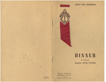 Document - Menu card, Dinner to honour Legatee Stan Savige, 1939