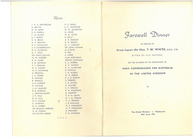 Document - Menu card, Farewell Dinner in honour of Group Captain the Hon. T.W. White, D.F.C., V.D, 1951