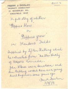 Document, Legatee Frank Doolan notes on the Flanders Field poem, 1970s