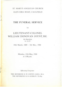 Document - Document, obituary, The Funeral Service for Lieutenant-Colonel William Donovan Joynt, V.C