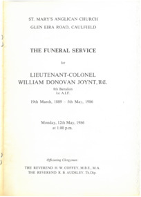 Document - Obituary, The Funeral Service for Lieutenant-Colonel William Donovan Joynt, V.C