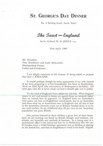 Document - Speech, St. George's Day Dinner 1968
