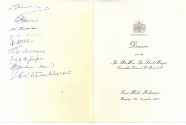 Document - Document, menu card, Dinner given by The Rt.Hon. The Lord Mayor Councillor Edward W.Best, J.P