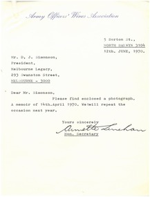 Letter, Army Officers' Wives Association, 1970