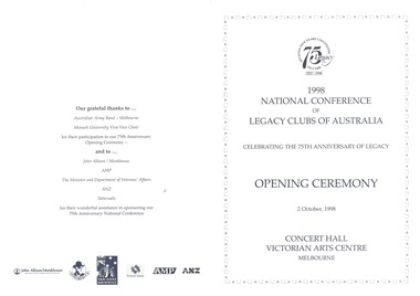 Programme, 1998 National Conference of Legacy Clubs of Australia opening ceremony, 1998