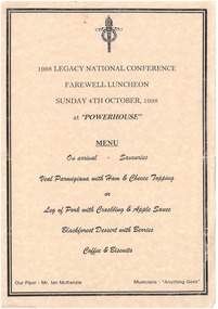 Document - Menu card, 1998 Legacy National Conference farewell luncheon, 1998