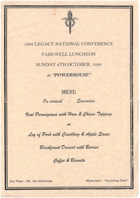 Document - Menu card, 1998 Legacy National Conference farewell luncheon, 1998