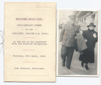 Document - Menu card, Complimentary Dinner to our President, Legatee P E Potts, 1928
