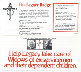 Pamphlet, Help Legacy take care of Widows of ex-servicemen and their dependant children, 1978