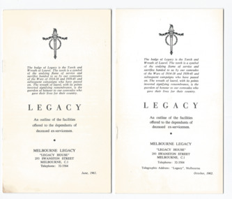 Pamphlet, Legacy. An outline of the facilities offered to the dependants of deceased ex-servicemen, 1961