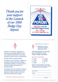 Pamphlet, Legacy Appeal. Lest You Forget, 1989