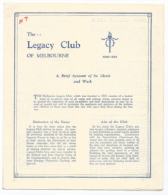 Pamphlet, The Legacy Club of Melbourne 1930-31 : A brief account of its ideals and works (H7), 1930