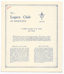 Pamphlet, The Legacy Club of Melbourne 1930-31 : A brief account of its ideals and works (H7), 1930