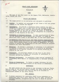 Document - Document, rules and objects, Legacy Club, Melbourne. RULES / POLICY AND OBJECTS (H14)
