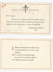 Pamphlet - Document, brochure, Legacy Club Melbourne (H15), 1939