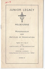Booklet, Junior Legacy, Melbourne. Memorandum and Articles of Association. (H17), 1952