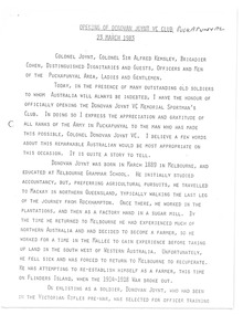 Document - Speech, Opening of Donovan Joynt VC Club, Puckapunyal