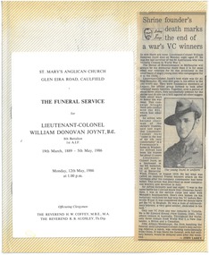 Newspaper, Shrine founder's death marks the end of a war's VC winners, 1986