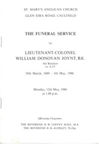 Pamphlet - Document, The Funeral Service for Lieutenant-Colonel William Donovan Joynt, V.C, 1986