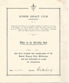 Certificate, Junior Legacy Club, 1940