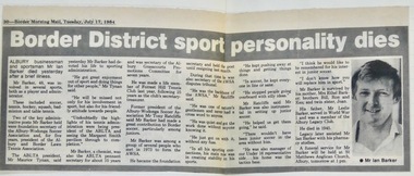 Newspaper - Document, article, Border District sport personality dies, 1984