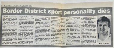 Newspaper - Article, Border District sport personality dies, 1984