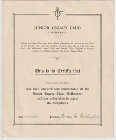 Certificate, Junior Legacy Club