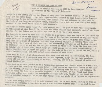 Document, Why I founded the Somers Camp, 1933